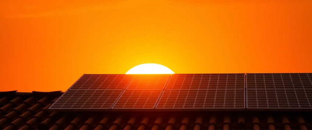 Sol se pondo atrás de módulos fotovoltaicos instalados em telhado de telha cerâmica