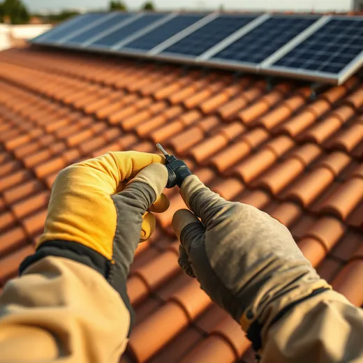 Instalador de luva conectando o cabeamento de um sistema fotovoltaico no telhado