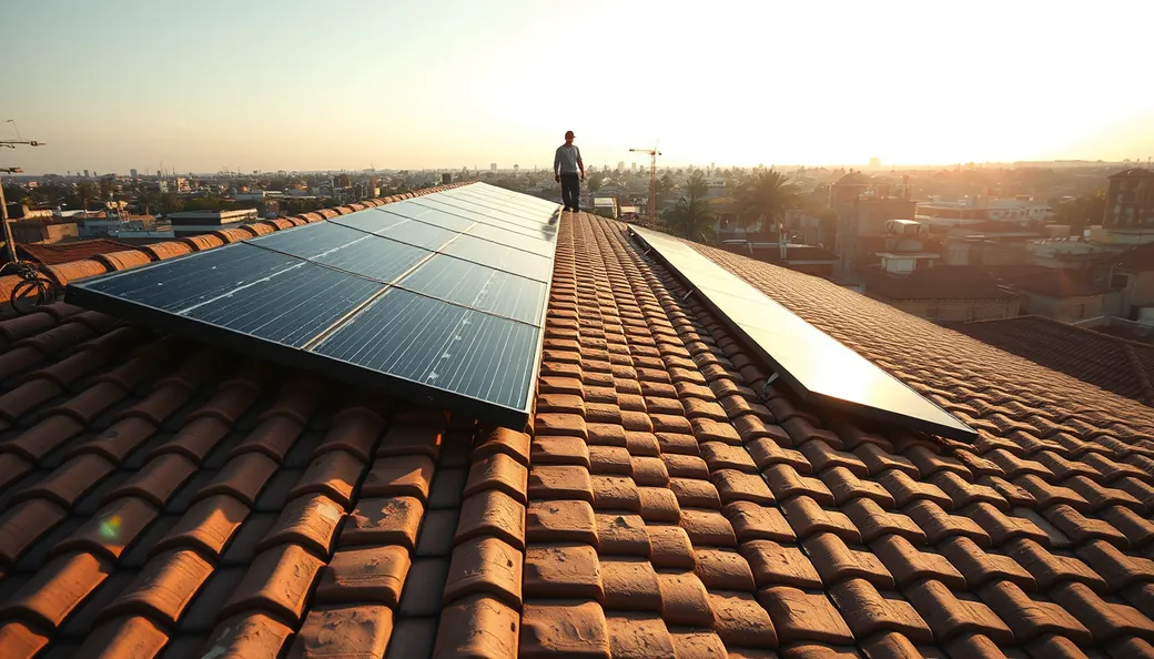 Instalador caminhando no telhado ao lado das placas solares instaladas