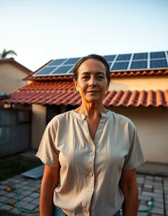 Cliente da Advanqer em frente à casa com sistema solar instalado